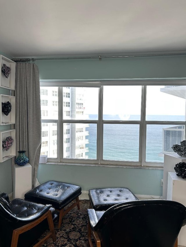 sitting room with a water view