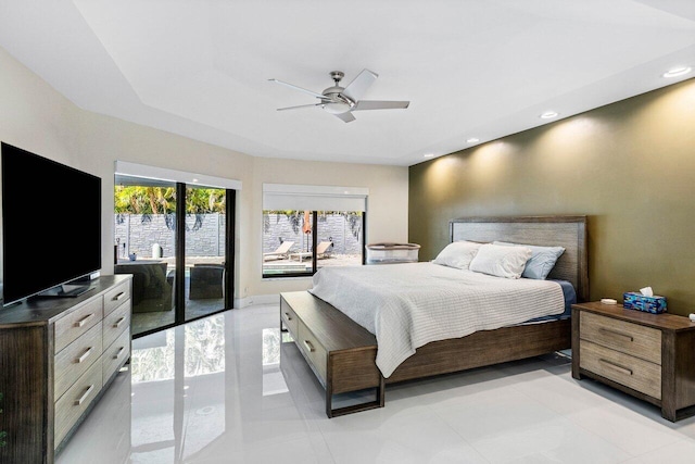 bedroom featuring access to outside and ceiling fan