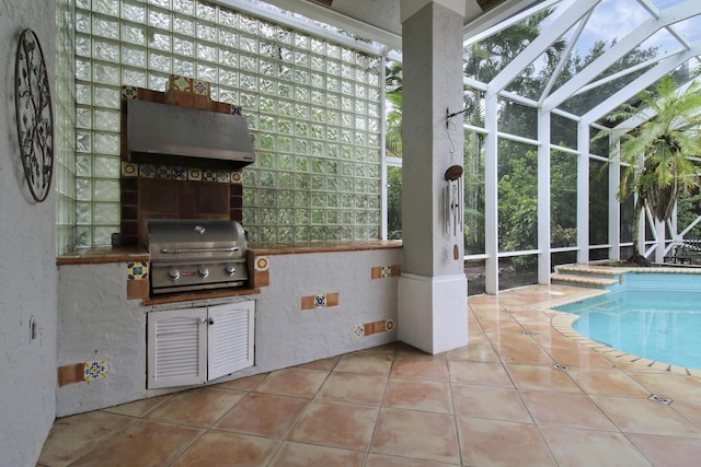 view of swimming pool with area for grilling, a patio area, and glass enclosure