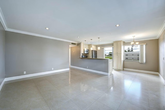 267 Normandy F, Delray Beach, FL 33484 - unfurnished living room featuring ornamental molding, baseboards, a chandelier, and recessed lighting