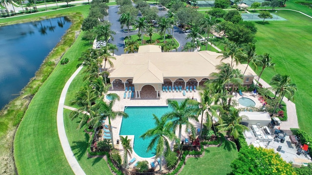 bird's eye view with a water view