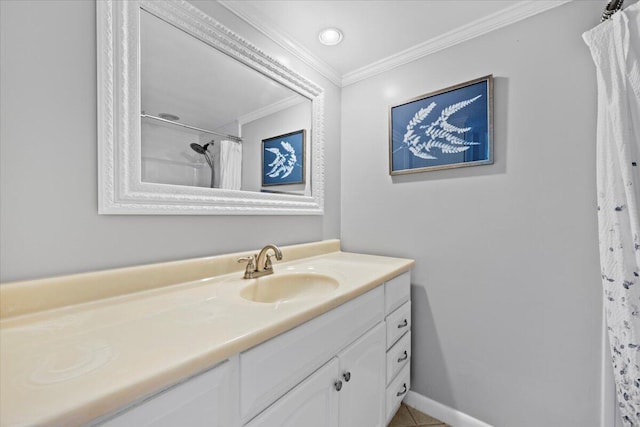 bathroom with a shower with curtain, vanity, tile patterned floors, and ornamental molding