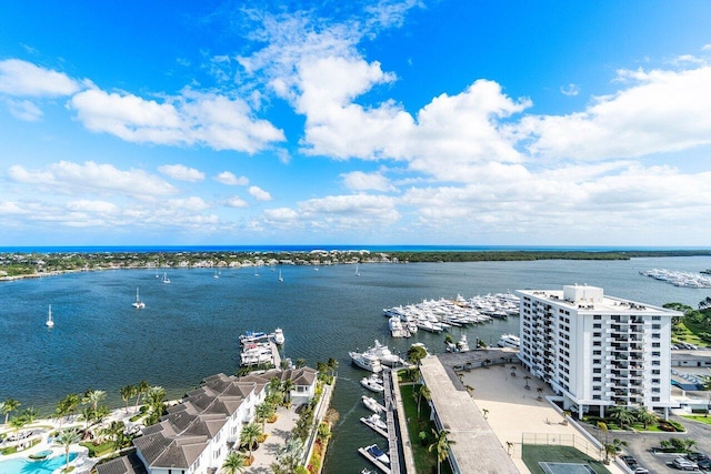 drone / aerial view featuring a water view