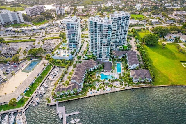 drone / aerial view with a water view