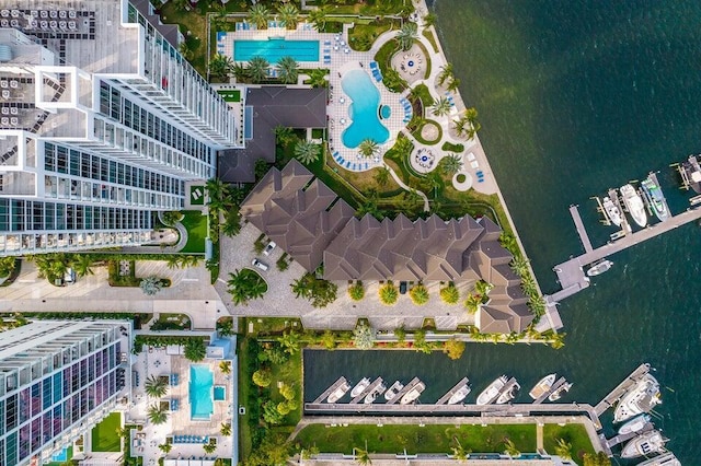 birds eye view of property featuring a water view