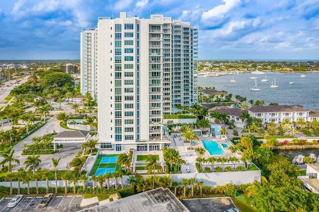 view of building exterior featuring a water view