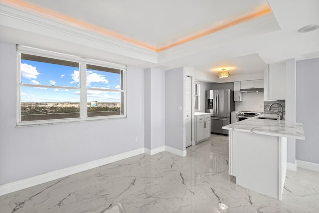 kitchen with kitchen peninsula, a tray ceiling, stainless steel appliances, and sink