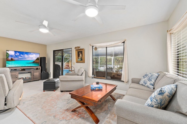 living room featuring ceiling fan