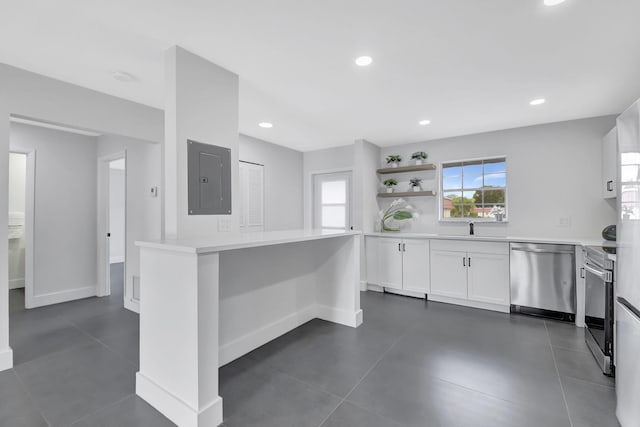 kitchen with electric panel, white cabinetry, and appliances with stainless steel finishes