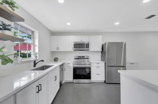 kitchen featuring dark tile patterned floors, sink, white cabinets, and stainless steel appliances