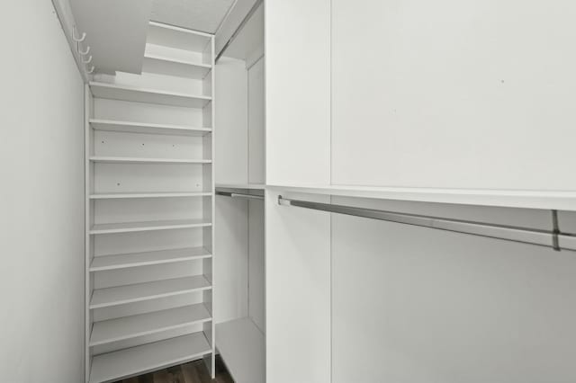 walk in closet with dark wood-type flooring