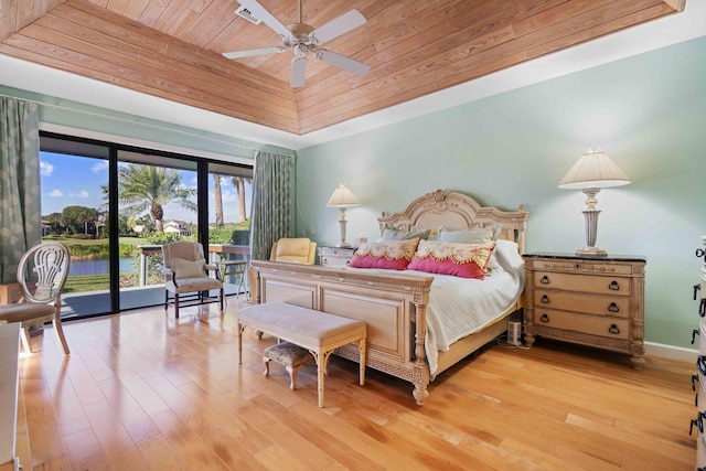 bedroom with access to exterior, ceiling fan, wood ceiling, and light hardwood / wood-style floors