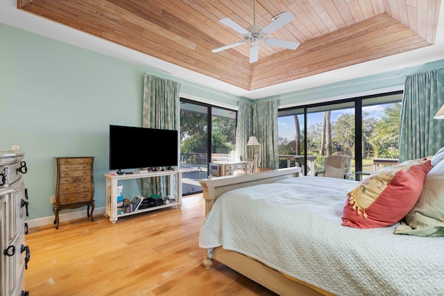 bedroom with access to exterior, ceiling fan, a tray ceiling, wood ceiling, and hardwood / wood-style flooring