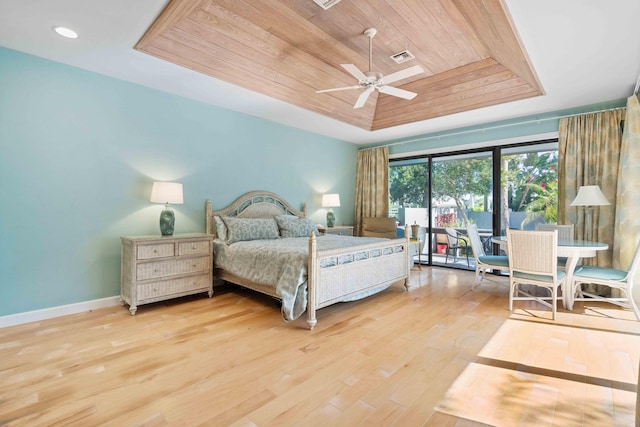 bedroom with a tray ceiling, ceiling fan, hardwood / wood-style floors, and wooden ceiling