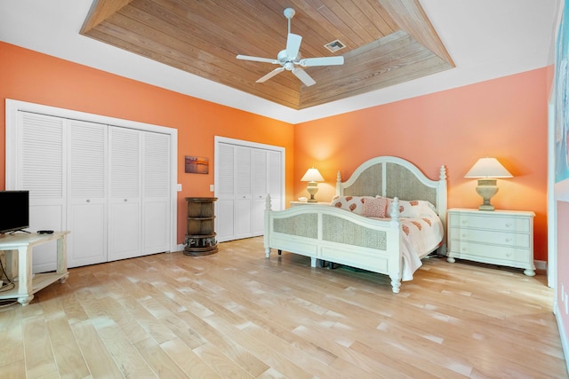 bedroom with ceiling fan, wooden ceiling, light hardwood / wood-style flooring, and two closets