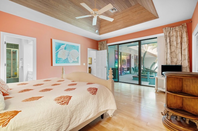 bedroom featuring access to outside, a raised ceiling, ceiling fan, light wood-type flooring, and wood ceiling