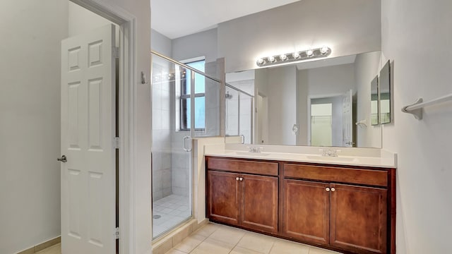 bathroom with tile patterned flooring, walk in shower, and vanity