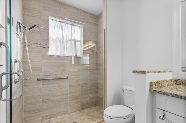 bathroom with vanity, toilet, and a shower with door