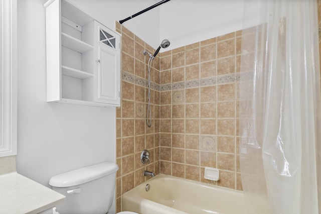 full bathroom with shower / bath combination with curtain, toilet, and vanity