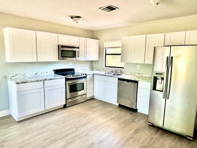 kitchen featuring white cabinets, appliances with stainless steel finishes, a sink, light wood-style flooring, and visible vents