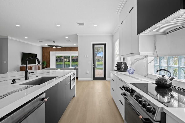 kitchen with white cabinets, appliances with stainless steel finishes, extractor fan, and sink