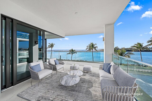 balcony at dusk with a water view