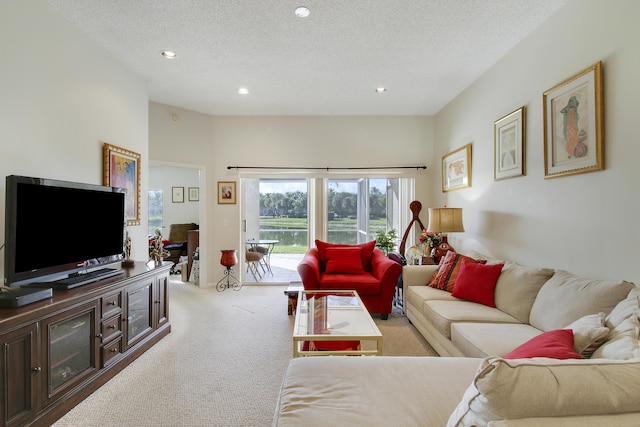 carpeted living room with a textured ceiling