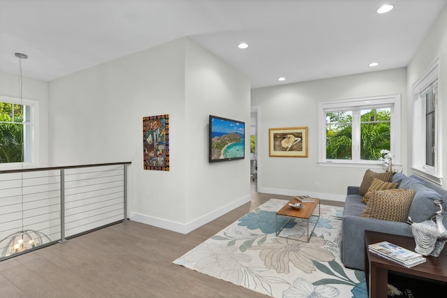 living room with hardwood / wood-style flooring and a healthy amount of sunlight