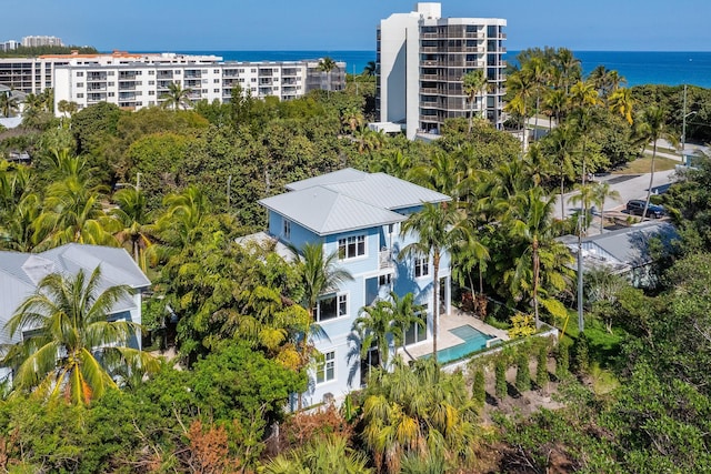 drone / aerial view featuring a water view