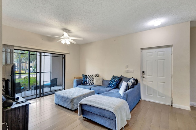 living room featuring ceiling fan, a textured ceiling, and light hardwood / wood-style flooring