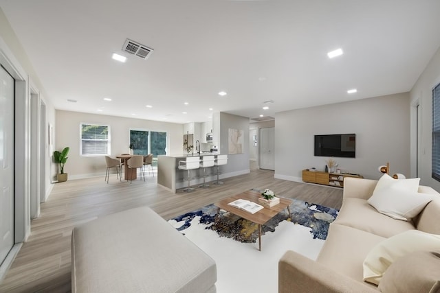 living room with light wood-type flooring and sink