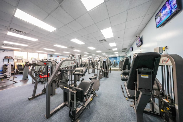 exercise room featuring a paneled ceiling and floor to ceiling windows