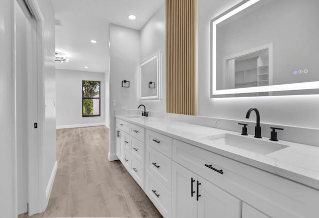 bathroom with hardwood / wood-style floors and vanity