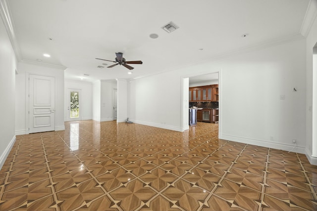 unfurnished room featuring crown molding, ceiling fan, and dark parquet flooring