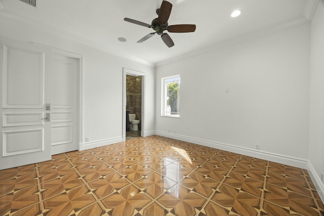 unfurnished bedroom with ceiling fan, crown molding, and connected bathroom