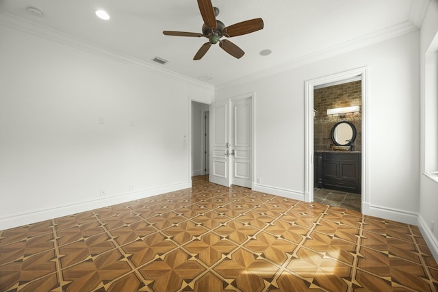 unfurnished bedroom featuring connected bathroom, ceiling fan, and ornamental molding