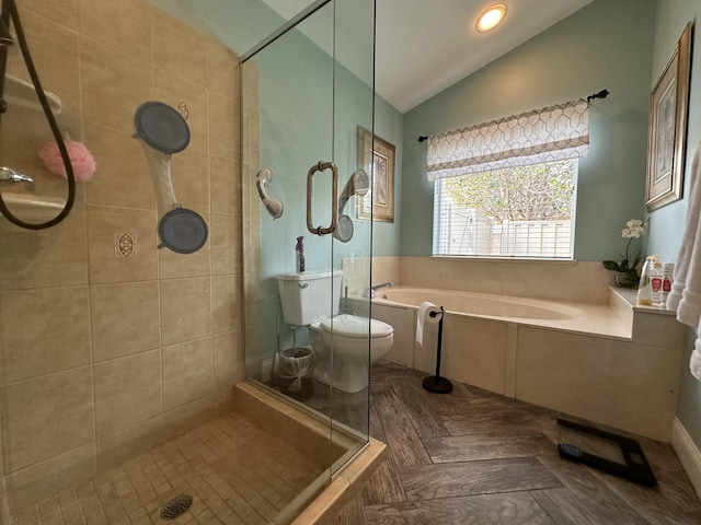 bathroom featuring parquet flooring, plus walk in shower, vaulted ceiling, and toilet