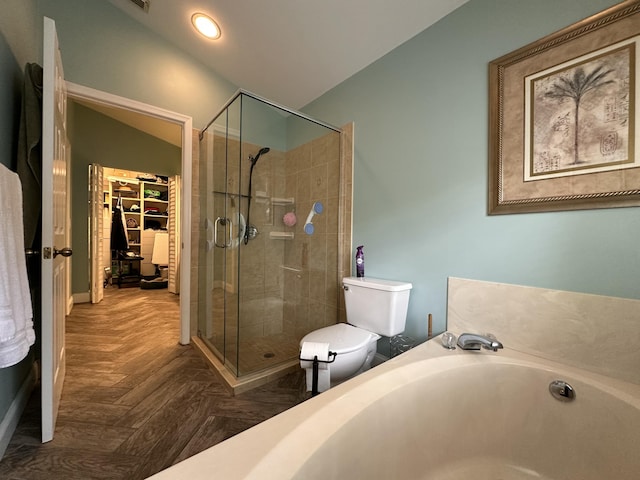 bathroom with parquet flooring, separate shower and tub, and toilet