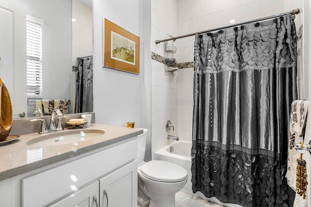 full bathroom with shower / bath combination with curtain, vanity, toilet, and tile patterned floors