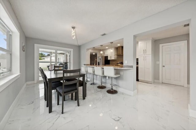 dining area with sink and a textured ceiling