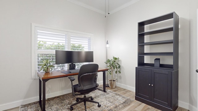 office space with crown molding and light hardwood / wood-style floors