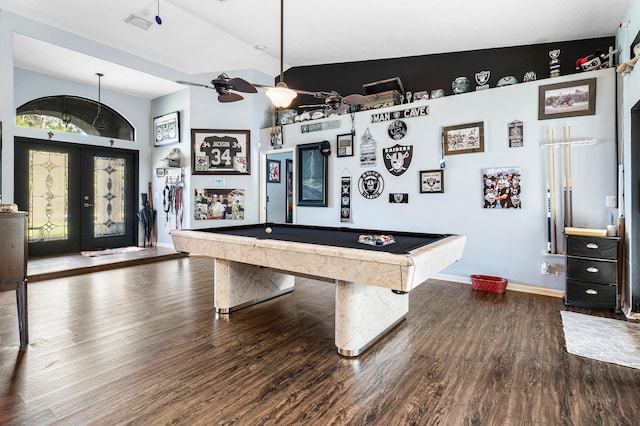 rec room featuring lofted ceiling, dark wood-type flooring, billiards, and french doors