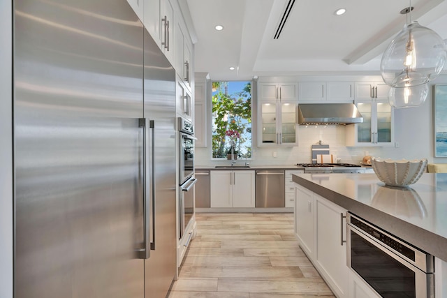 kitchen with hanging light fixtures, light wood-type flooring, white cabinetry, stainless steel appliances, and extractor fan