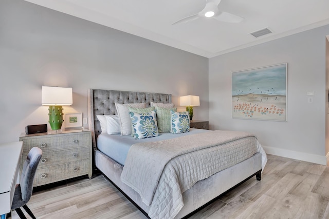 bedroom featuring ceiling fan and light wood-type flooring