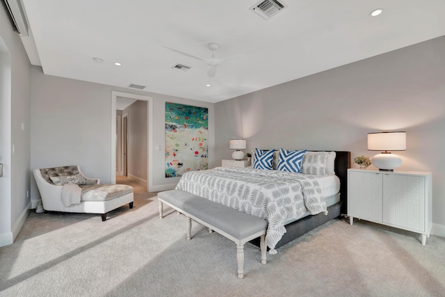 bedroom with ceiling fan and carpet floors