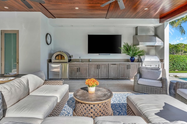 living room with ceiling fan, sink, and wood ceiling