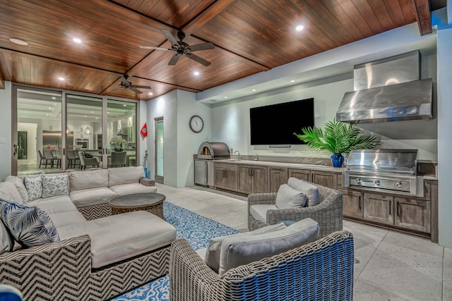 living room with expansive windows, wooden ceiling, and sink