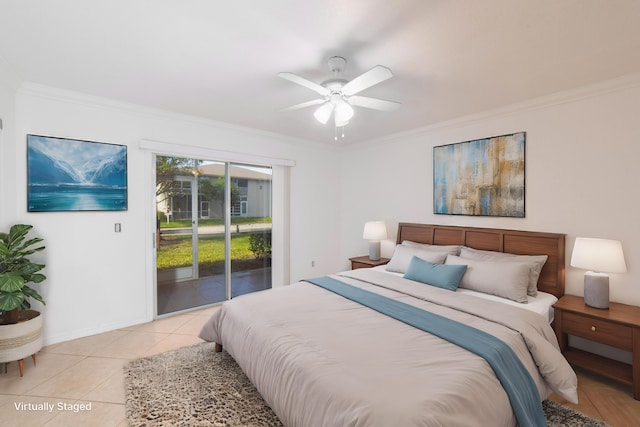 tiled bedroom featuring ceiling fan, access to exterior, and crown molding