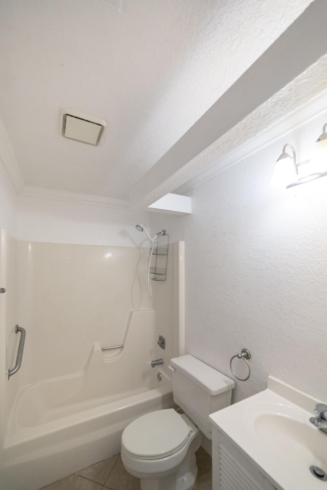 full bathroom with vanity, tile patterned flooring, toilet, ornamental molding, and tub / shower combination