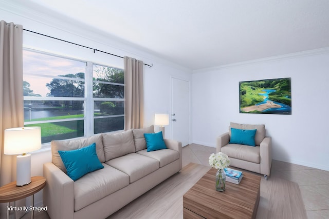 tiled living room with a water view and crown molding